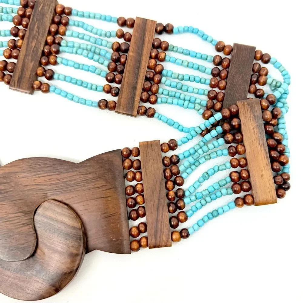 Boutique Dark Wood and Turquoise Color Beaded Boho Coastal Stretch Belt